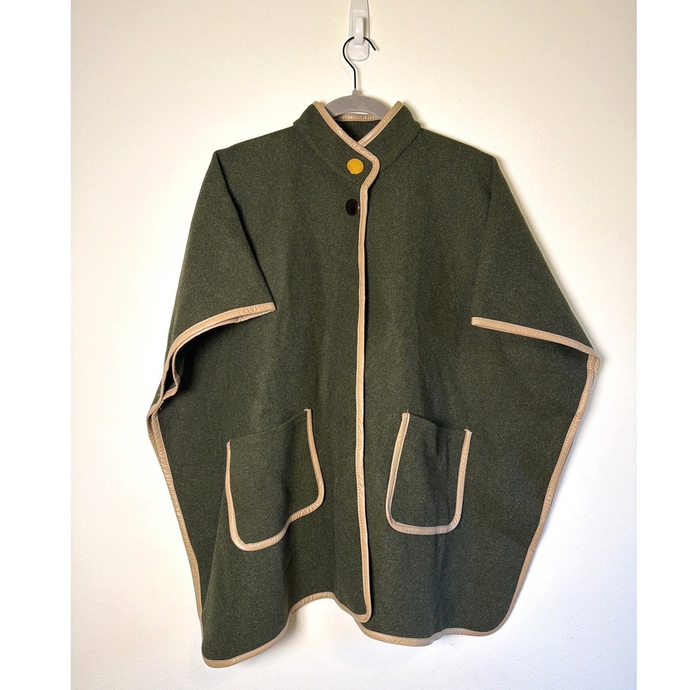 Rachel Zoe Olive Green Poncho Cape Coat Tan Trim Mock Neck Pockets One Size Chic